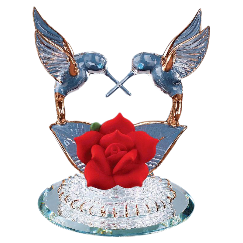 Hummingbird Figurine, Hummingbird with Red Rose, Handmade Glass Rose Figurine, Valentines Day Gift, Mothers Day Flower Gift