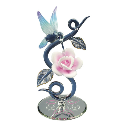 Hummingbird and Rose Flower Figurine, Handmade Glass Figurine, Hummingbird & Pink Rose, Home Decor Gift for Her, Mom, Wife