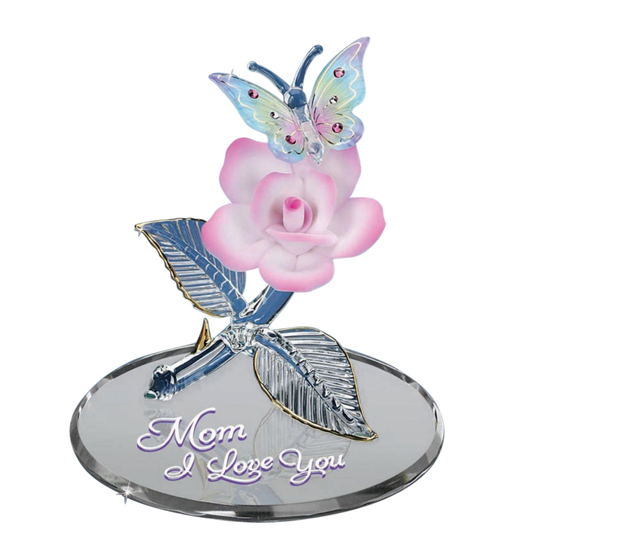 Glass Butterfly Figurine Mom I Love You with Crystal Accents