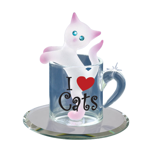 Glass Cat Figurine Kitty in Cup with Blue Crystal Eyes