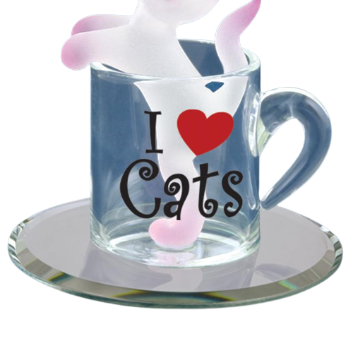 Glass Cat Figurine Kitty in Cup with Blue Crystal Eyes