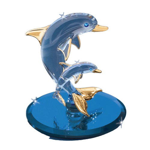 Dolphin and Baby Glass Handcrafted Figurine with Crystals & 22kt Gold Accents
