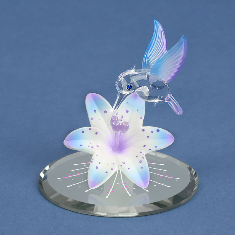 Glass Baron Hummingbird with Blue Lily Figurine with Crystals Accents