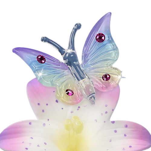 Glass Butterfly on Lavender Lily Figurine w/ Crystals Accents