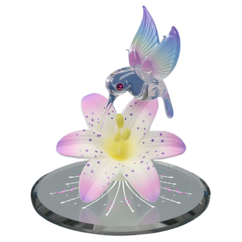 Glass Baron Hummingbird On Lavender Lily Figurine with Crystal Accents