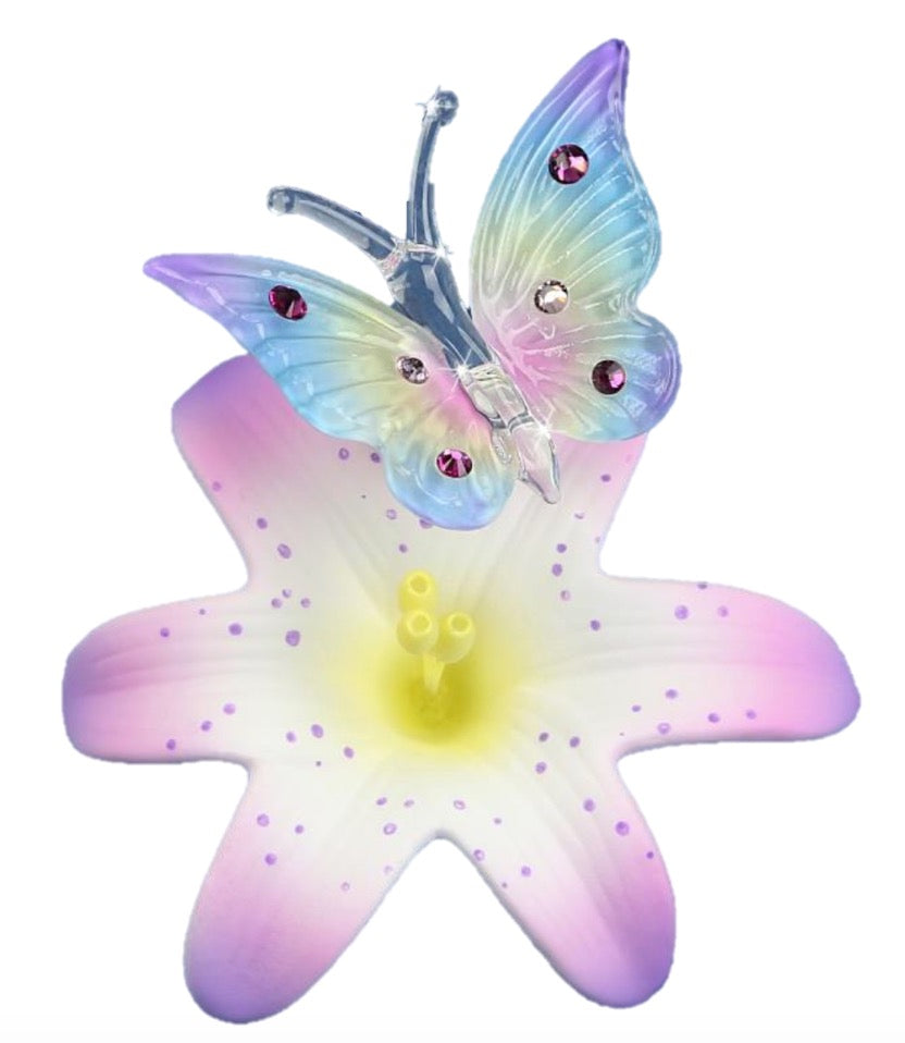 Glass Butterfly and Lily Handcrafted Figurine with Crystals Accents
