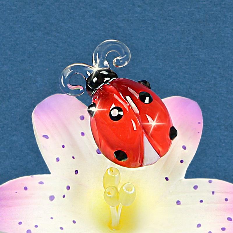Glass Baron Ladybug on Lily Figurine with Crystal Accents