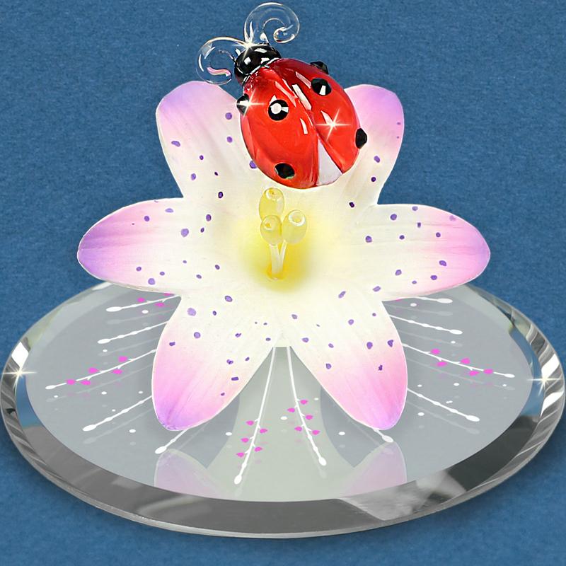 Glass Baron Ladybug on Lily Figurine with Crystal Accents
