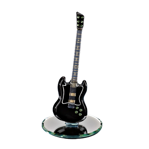 Black Guitar Figurine Handcrafted Collectible with Crystal Accents