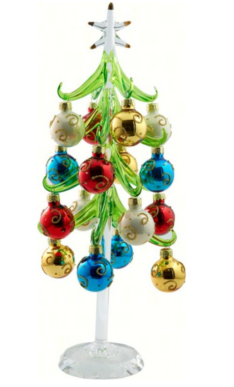Green Glass Tree 12 inch with Multicolor Ornaments on Crystal Base