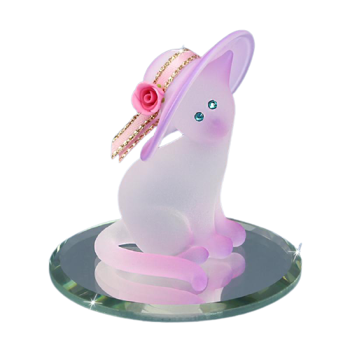 Handcrafted glass cat figurine wearing decorative hat with pink rose on mirror base