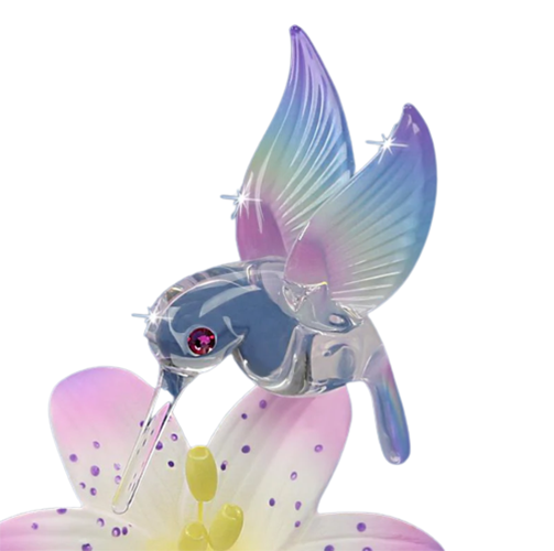 Glass Baron Hummingbird On Lavender Lily Figurine with Crystal Accents